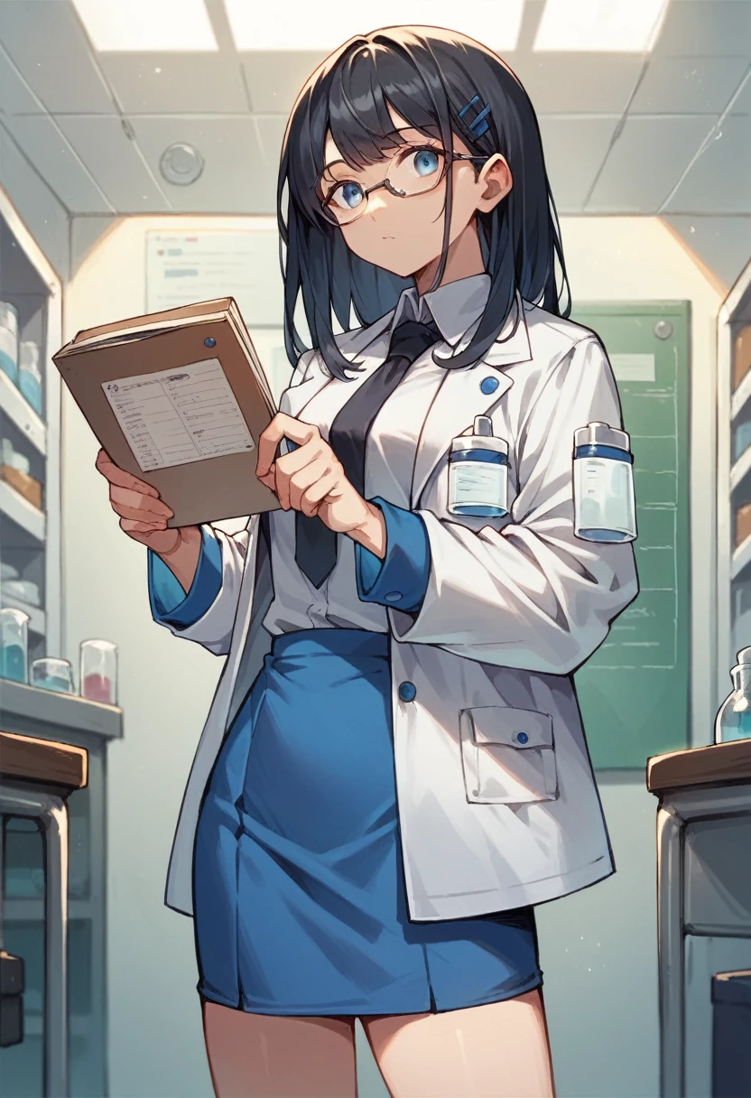 A scientist anime girl with medium length black hair, blue eyes, 20 years old, tall, wearing blue clothes, white scientist jacket, blue short skirt, black tie, glasses, holding a list, alone and in the science room, zoom