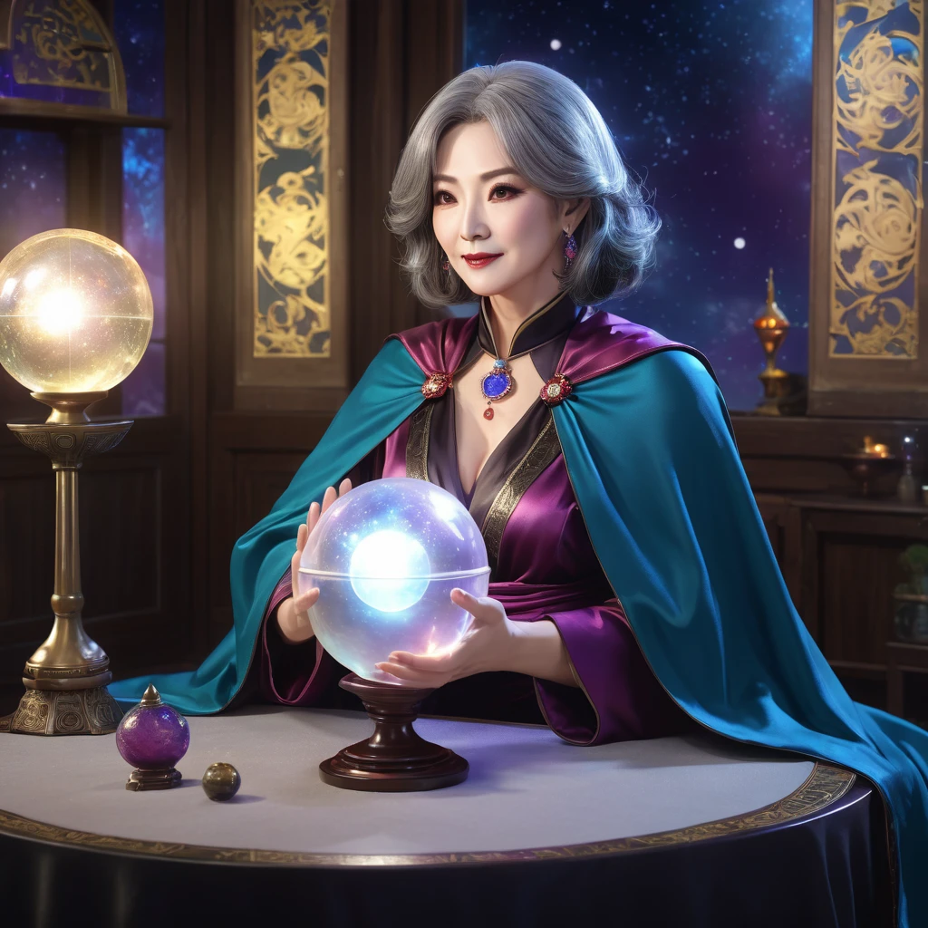 A mature and sexy middle-aged woman，His profession is a fortune teller.，Wearing a cape，Hands touching the crystal ball，Sitting at a small table and fortune telling，The surrounding environment is a room full of various magic props，Night view。Mid-ground composition，Full body pictures，Colored screen，Anime illustration style，HD，4K。