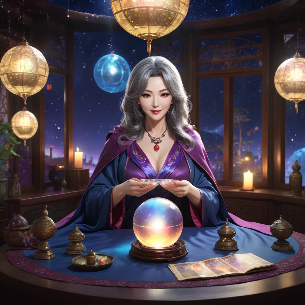 A mature and sexy middle-aged woman，His profession is a fortune teller.，Wearing a cape，Hands touching the crystal ball，Sitting at a small table and fortune telling，The surrounding environment is a room full of various magic props，Night view。Mid-ground composition，Full body pictures，Colored screen，Anime illustration style，HD，4K。