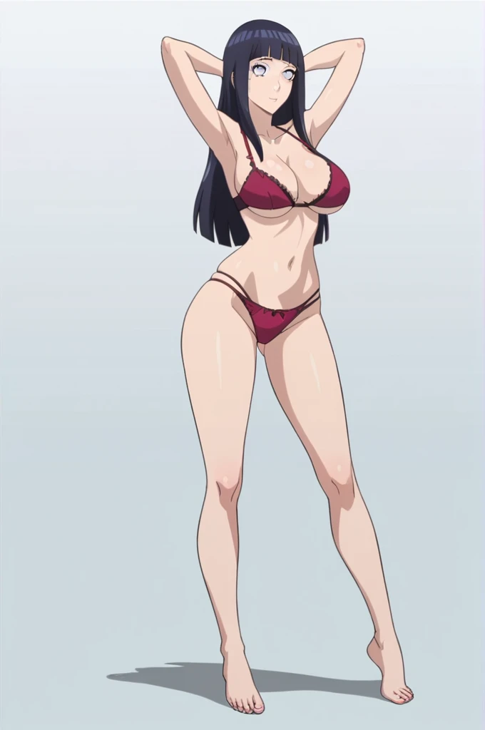 score_9, 1girl,solo, large breasts, (hinata, hyuuga hinata, purple eyes, blunt bangs, black hair) big breasts, perfect breasts, large breasts, round breasts, sexy body, slim waist, nice hips, skinny, nice thighs, black bra, cleavage, bare shoulders, collarbone, tight bra, underboob, slim waist, red thong, red panties, hands behind head, full body shot, long legs, bare feet, basic background, plain background, photoshoot, white backdrop