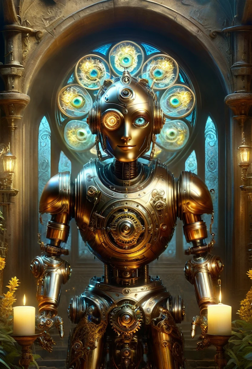 masterpiece, best quality, highly detailed, solo,  looking at viewer, smile, mechaical face. Wide Smile, Eyes Detailed & Wide, sexy Pose. Ultra HD, Rococo-Inspired Fantasy Art With Intricate Details. Cute, Charming Expression, Alluring-Gaze, looking at viewer Beautiful Eyes, An-Ideal-Figure. . slim waist, fit body, Warm lights , t, with fluffy hair, delicate face, realistic, real, slim, large aperture, sexy shots, attractive poses, symmetrical face, photorealistic, photography, path tracing, specular lighting, volumetric face light, path traced hairmaximum quality{(masutepiece) (8K High Resolution) (top-quality) In the style of breath of the wild.medieval monastery garden,steampunk craftsman robot monk,beautiful ornate architecture,steampunk machinery and gears,exquisite stained glass windows,enchanted flower garden,ancient stone walkway with intricate carvings,glowing candles and dimly lit atmosphere,steam and smoke billowing from the machinery,mystical atmosphere,peaceful and serene setting,mechanical wings attached to the robot monk's back,robot monk with intricate clockwork mechanisms,electromechanical eyes glowing with energy,warm golden color palette,gentle sunlight streaming through the stained glass windows,whispering sound of wind and rustling leaves,the scent of aged books and incense,notes of ancient Gregorian chants echoing in the air,sense of awe and tranquility,combination of futuristic and medieval elements,harmony of technology and spirituality. 
