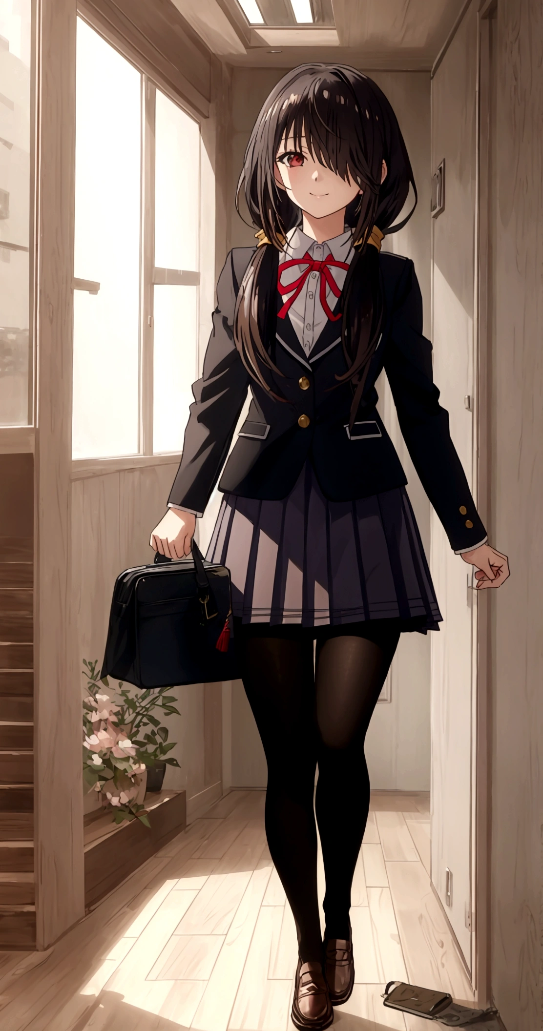 ultra-detailed,highly detailed,best quality,masterpiece,illustration,realistic, photo,photorealistic,
1girl, tokisaki kurumi,cosplay,hair over one eye, looking at viewer, happy girl,low twintails,
, blazer, collared shirt, neck ribbon, pleated skirt, pantyhose, hair rings, loafers,
indoors, walking, stairwell, 
