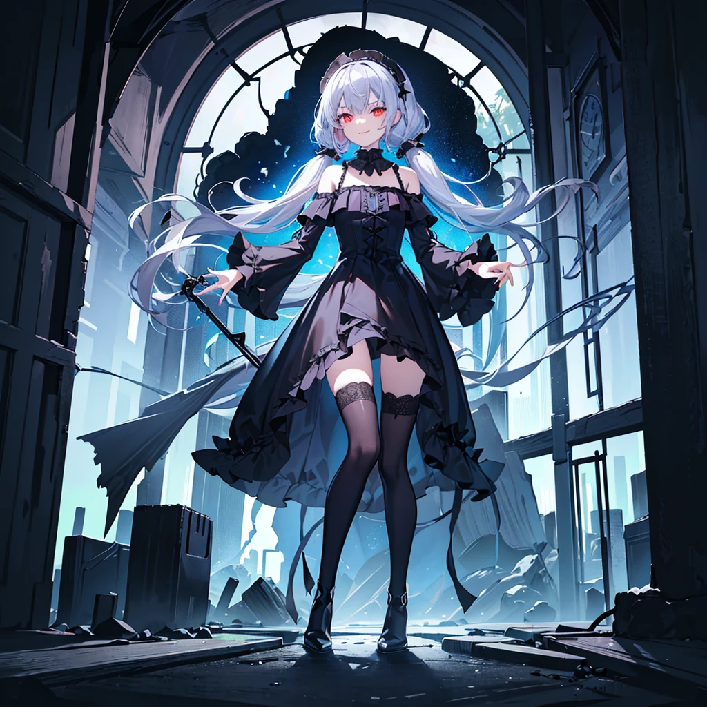 [(church background:1.4)::5],Original,(Illustration:1.1),(Best Quality),(masutepiece:1.1),(the Extremely Detailed CG Unity 8K Wallpapers:1.1), (Colorful:0.9),(mid-shot:0.95),(Full body:1.5),Dynamic Angle,(Solo:1.2), (girl),((Adult)), (Detailed beautiful eyes:1.15), (Beautiful face:1.15), (Glowing red eyes:1.25////),((dark blue long hair)),(Blunt bangs),(low twintails),(+perfect hand+:1.21),(Draw an illustration of a gothic girl),(Religious),(slender),(she has boots on her feet),((Wearing a black dress)),(Furious), Lace Off Shoulder Lolita Fashion,Beautiful slender woman,((Evil smile)),Dark blue short hair,Dark blue short hair,Laugh,