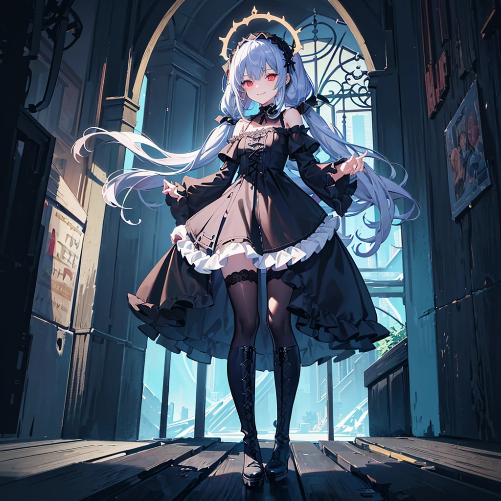[(church background:1.4)::5],Original,(Illustration:1.1),(Best Quality),(masutepiece:1.1),(the Extremely Detailed CG Unity 8K Wallpapers:1.1), (Colorful:0.9),(mid-shot:0.95),(Full body:1.5),Dynamic Angle,(Solo:1.2), (girl),((Adult)), (Detailed beautiful eyes:1.15), (Beautiful face:1.15), (Glowing red eyes:1.25////),((dark blue long hair)),(Blunt bangs),(low twintails),(+perfect hand+:1.21),(Draw an illustration of a gothic girl),(Religious),(slender),(she has boots on her feet),((Wearing a black dress)),(Furious), Lace Off Shoulder Lolita Fashion,Beautiful slender woman,((Evil smile)),Dark blue short hair,Dark blue short hair,Laugh,