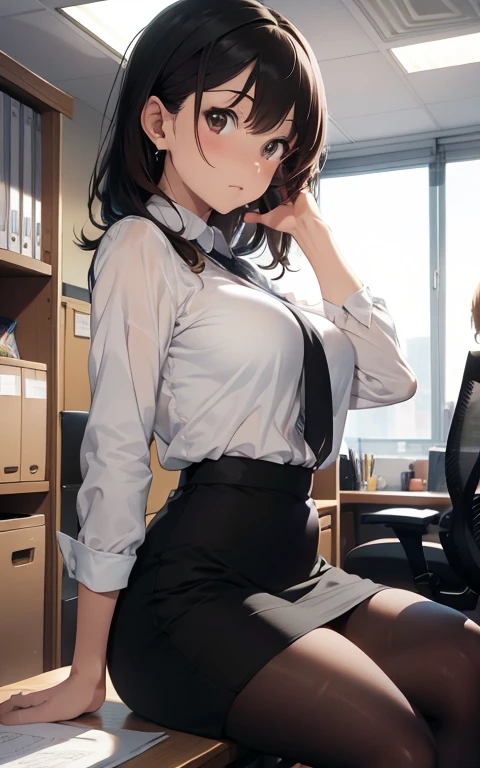 absurderes:2.0、 from side:1.3, (best quality), (intricate detailed), (Hyperrealistic), Front Light、highly detailed, detailed background, illustration, 1girl, perfect hands, detailed fingers, beautiful detailed eyes, perfect eyes, seductive eyes, milf, mature woman, brown eyes, CEO, (office clothes:1.2),pencil skirt , pantyhose, earrings, a woman in the office room, serious、sit in an office chair, Stern