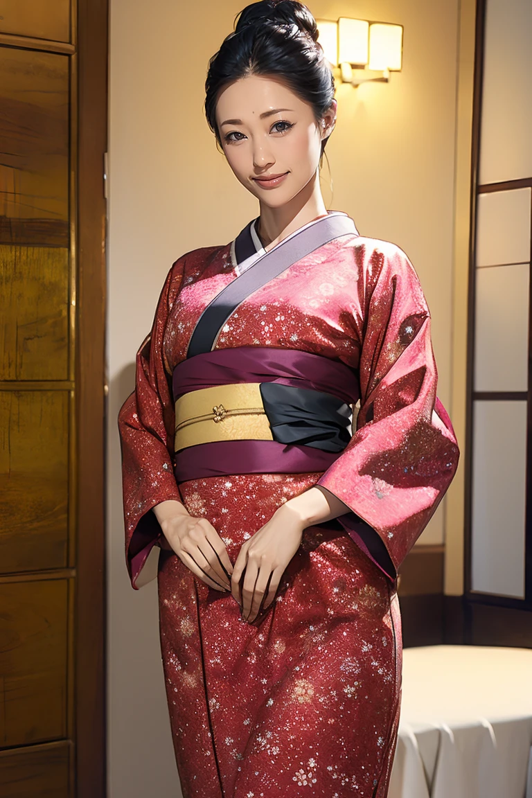 (Highest quality、Tabletop、Best image quality、Award-winning works)、 The proprietress of a beautiful inn、(Elegant floral kimono:1.3)、Perfect female portrait photography、Glowing Skin、Standing Elegantly、(Blurred elegant hotel background:1.3)、(The most romantic and moody:1.1)、(Tyndall effect:1.2)、Great cinema lighting、Glowing Skin、smile、(Large Breasts:1.1)、(Voluptuous body:1.1)、Accentuate your body lines、Upper body photo、Chignon、smile、standing elegantly、Elegant standing posture