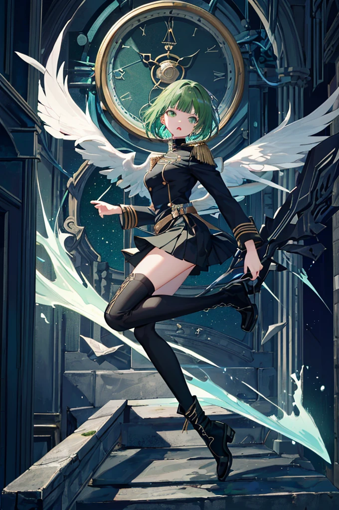 [(with a cathedral background:1.4)::5],original,(shape:1.1),(highest quality),(Tabletop:1.1),(Highly detailed CG Unity 8k wallpaper:1.1), (colorful:0.9),(Mid Shot:0.95),(very detailed beautiful whole body),Dynamic Angle,(alone:1.2), (girl),(((Adult))), (Beautiful eyes in every detail:1.15), (Beautiful Face:1.15), (Glowing green eyes:1.25////),(Gemstone Eyes),(Green Short Hair),(Blunt bangs),((The girl wear a black knight uniform)),Realistic,, girl,Green Hair,((Black long boots)), Black mini skirt,Black knee socks(rage),(Contempt and contempt),rage,(beautiful slender girl),((Adult)),((whole body)),Valkyrie, Decorations,((Thin legs)),((slender girl)),Front Angle,Front Angle,