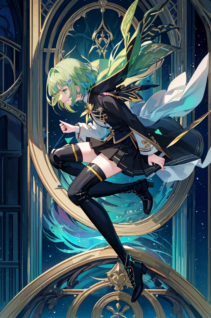 [(with a cathedral background:1.4)::5],original,(shape:1.1),(highest quality),(Tabletop:1.1),(Highly detailed CG Unity 8k wallpaper:1.1), (colorful:0.9),(Mid Shot:0.95),(very detailed beautiful whole body),Dynamic Angle,(alone:1.2), (girl),(((Adult))), (Beautiful eyes in every detail:1.15), (Beautiful Face:1.15), (Glowing green eyes:1.25////),(Gemstone Eyes),(Green Short Hair),(Blunt bangs),((The girl wear a black knight uniform)),Realistic,, girl,Green Hair,((Black long boots)), Black mini skirt,Black knee socks(rage),(Contempt and contempt),rage,(beautiful slender girl),((Adult)),((whole body)),Valkyrie, Decorations,((Thin legs)),((slender girl)),Front Angle,Front Angle,