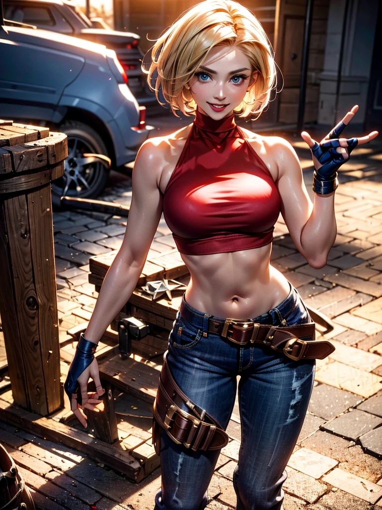 30-year-old woman, alone, athletic, jacket, semi-short blonde hair, wears a tight red crop top, wears blue jogger pants with a large star painted inside a circle on her left leg, has a huge brown belt dangling almost falls off her waist, wears blue fingerless gloves, wears brown boots, smiles at viewer, points at viewer, there is a little brown dog with white spots with her, high resolution, absurd, intricate, sharp focus, sunset on the beach, 40 megapixels, 500 dpi, best quality, masterpiece, high resolution, perfect image, highly detailed, high contrast, digital colors, simple, medium shot, cinematic, ultra sharp focus, award-winning photography, perfect contrast, high sharpness, depth of field, ultra detailed photography, global illumination, fluid, ultra high definition, 8k, Unreal Engine 5, ultra sharp focus, award winning photography, art season trends,
