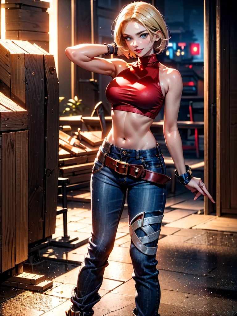 30-year-old woman, alone, athletic, jacket, semi-short blonde hair, wears a tight red crop top, wears blue jogger pants with a large star painted inside a circle on her left leg, has a huge brown belt dangling almost falls off her waist, wears blue fingerless gloves, wears brown boots, smiles at viewer, points at viewer, there is a little brown dog with white spots with her, high resolution, absurd, intricate, sharp focus, sunset on the beach, 40 megapixels, 500 dpi, best quality, masterpiece, high resolution, perfect image, highly detailed, high contrast, digital colors, simple, medium shot, cinematic, ultra sharp focus, award-winning photography, perfect contrast, high sharpness, depth of field, ultra detailed photography, global illumination, fluid, ultra high definition, 8k, Unreal Engine 5, ultra sharp focus, award winning photography, art season trends,
