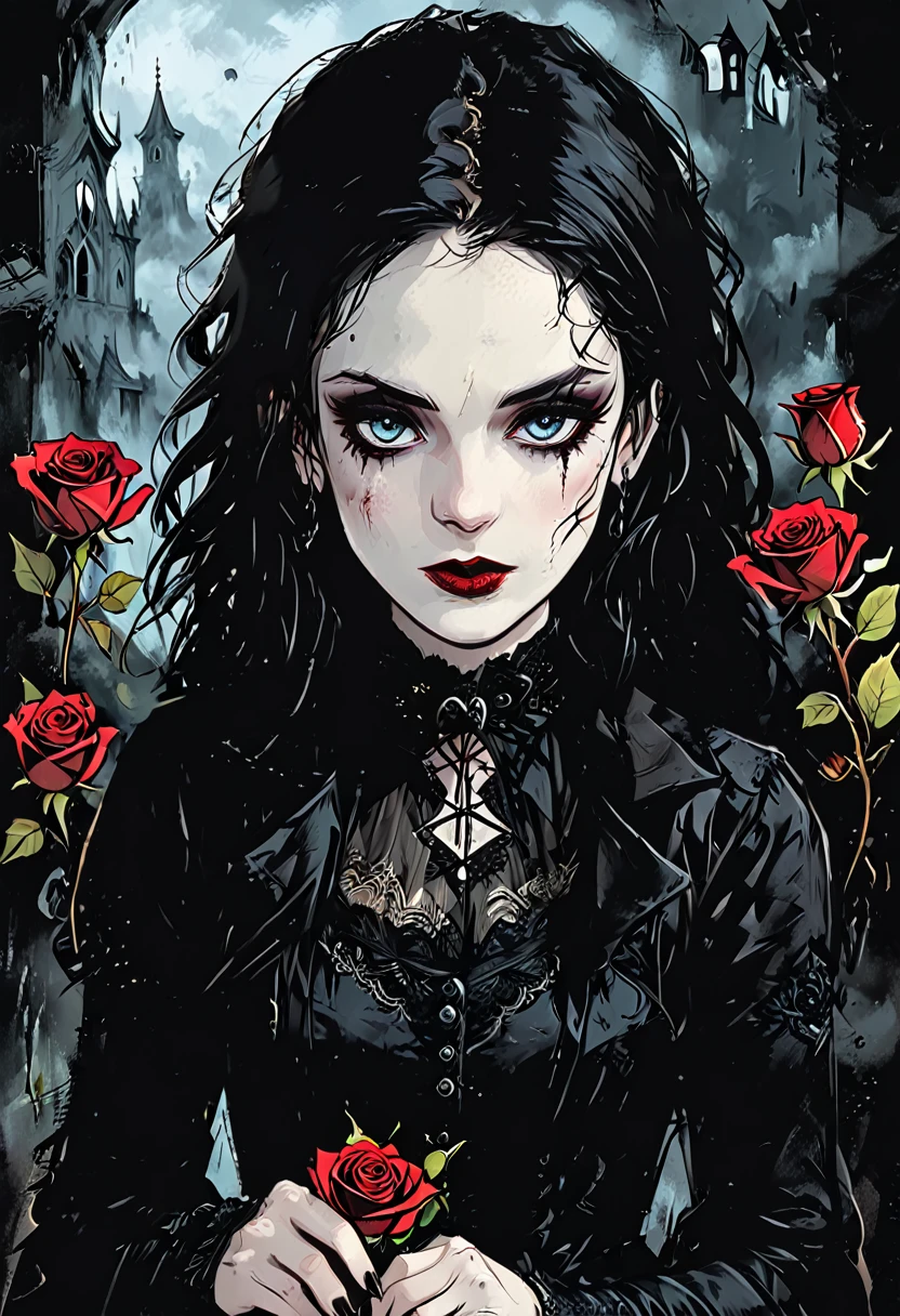 A young goth female bard. Pale blue eyes. She has pale skin and wears Victorian-style black clothing with intricate lace details. Her makeup is dark, with black eyeliner and eyeshadow, and her lips are a striking blood-red. is adorned with red roses. She has a thoughtful and melancholic expression on her beautiful face. The setting is dark and moody