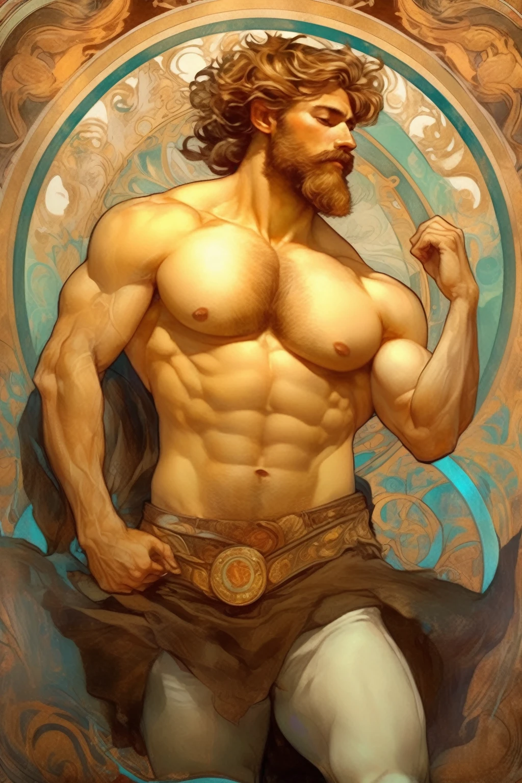Alphonse Mucha Style - portrait of a handsome late-thierties king in the style of alphonse mucha, with beard, Strong legs, muscular hairy chest, muscular hairy abdomen, short hair. The painting should capture the multifaceted and energetic essence of a powerful Aquarius, showing duality, creativity and intense discipline and focus. The scene must be rich in symbolism, representing the disciplined personality while incorporating elements of bodybuilding culture, suggesting the fusion of intellectuality and physical vigor.