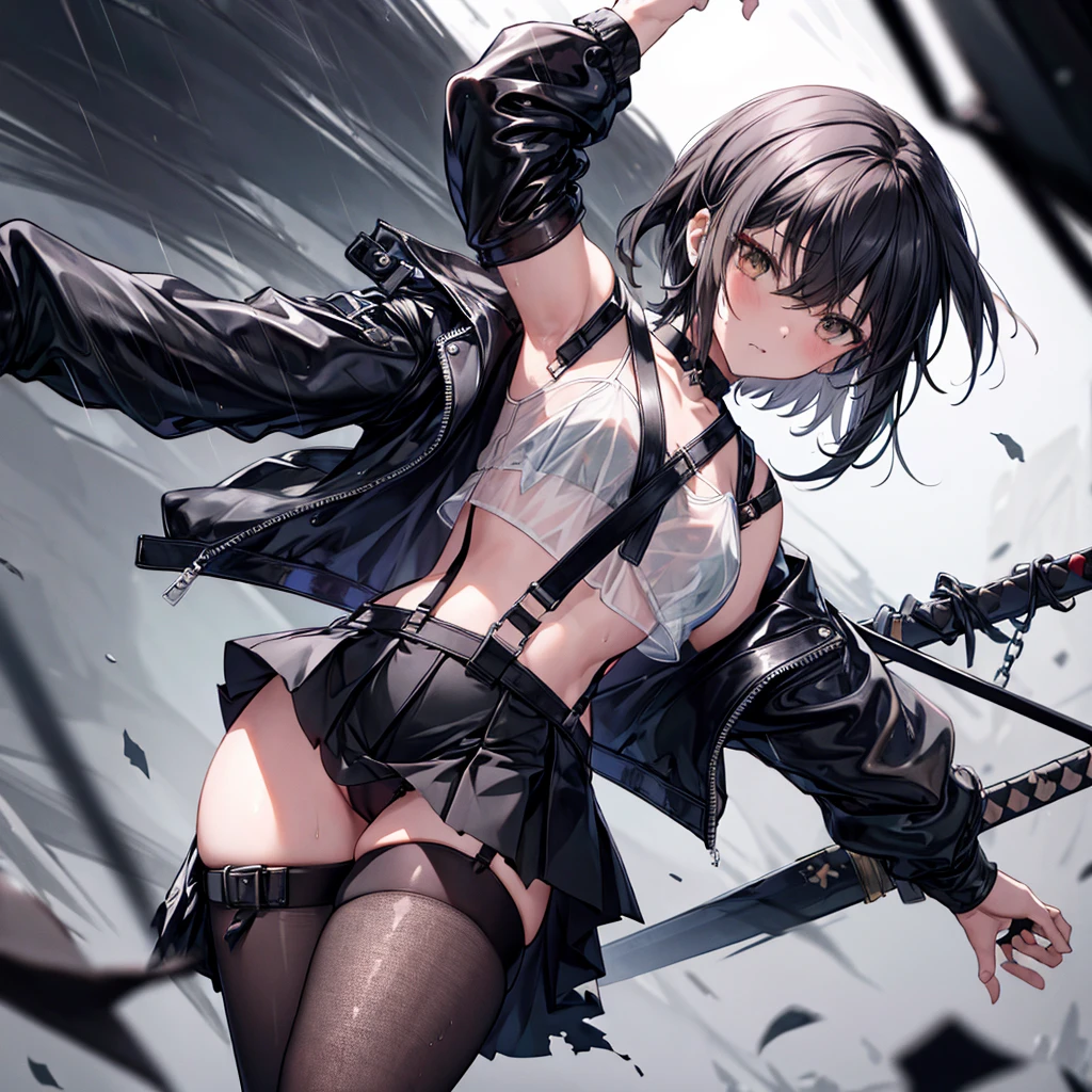 ((Highest quality)), ((masterpiece)), ((detailed)), (4K), 1girl, 独奏, 1 katana, short hair, eyepatch, crop top, leather jacket, Torn miniskirt, suspender skirt, torn pantyhose, panties, panties under pantyhose, choker, bracelet, weapon, rain, (wet), see through, expressionless, ass pov, (looking down)