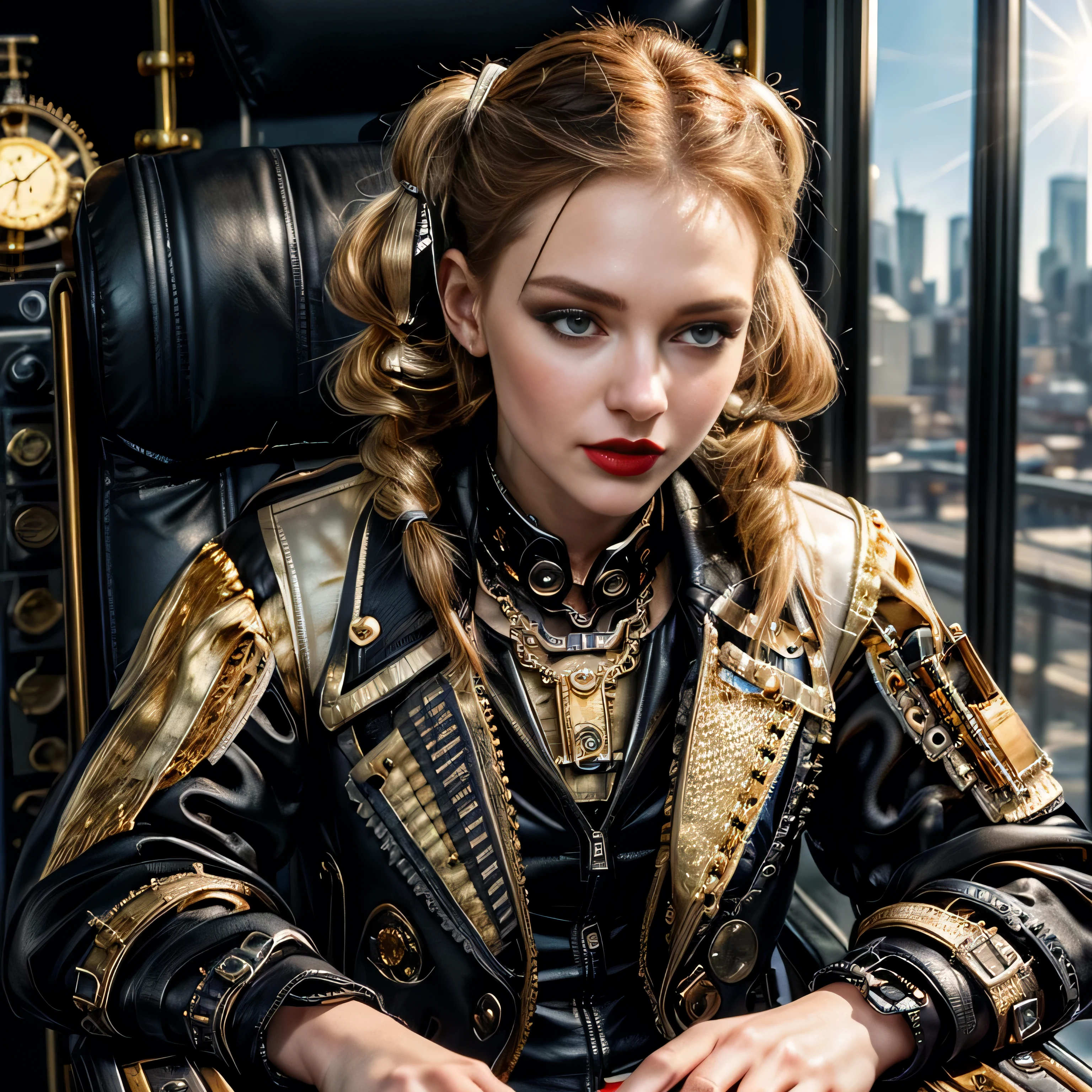 ((masterpiece, photorealistic:1.4, extremely intricate:1.3, photon mapping, radiosity, physically based rendering, ultra resolution, hyper-realistic, photorealistic:1.4, hyper-realistic, 8K)), ((((athletic female, long pigtails [blonde hair:bright ginger hair:0.4], (([flat chest:medium breasts:0.8], upper body)), ((makeup:1.6, perfectchainmail, gold black jacket), red lips, bright sunlight, silk shirt))))), outdoors, metal reflections, professional photograph, soft focus, dramatic, award winning, cinematic lighting, volumetrics dtx, (film grain, blurry background, blurry foreground, bokeh, depth of field), BREAK; BREAK, (((((background steampunk mecha machine cockpit, looking down on city skyline, sitting in a black leather chair, dials, switches)))))