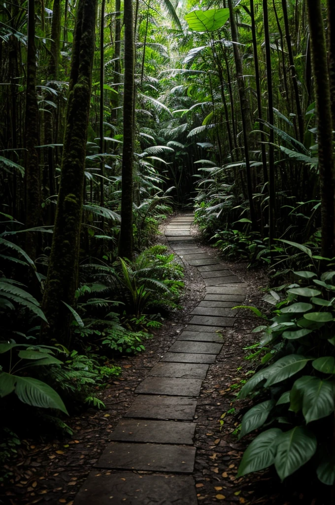 Path in a somewhat dark and sad rainforest