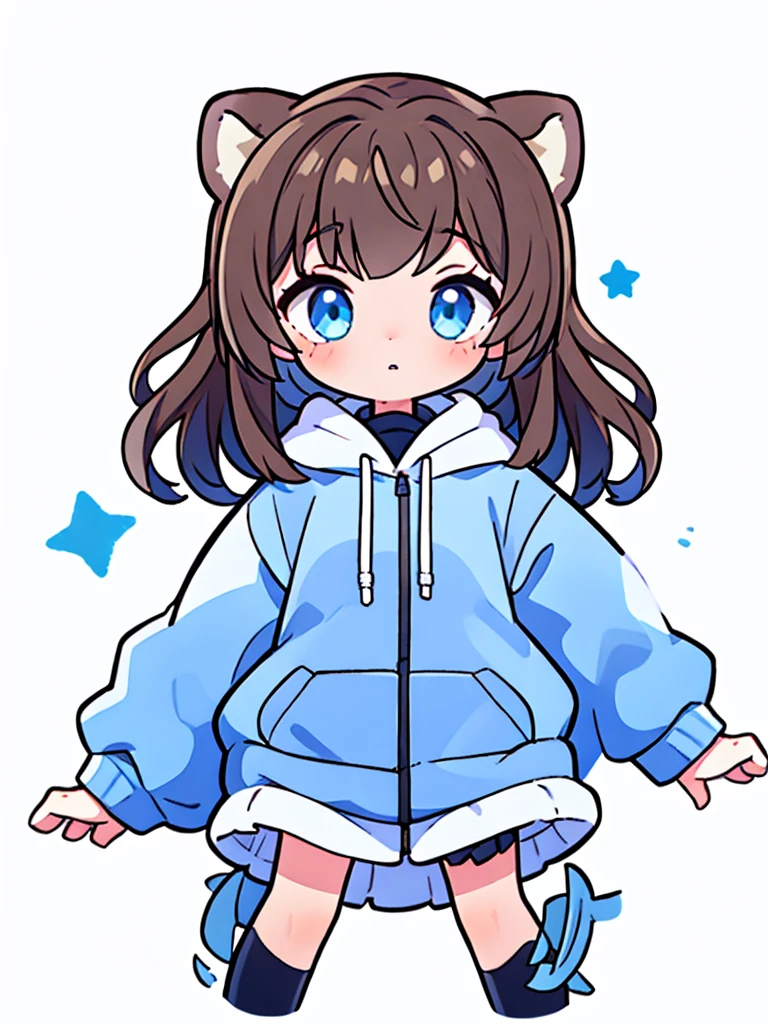 a sea otter with otter ears // with light blue eyes // a dark blue hoodie // brown hair with gray and white highlights ((half of the body)) (A person) ((White background)) (only 1 girl)