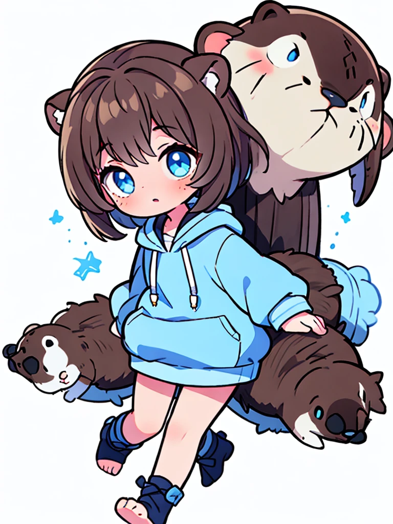 a sea otter with otter ears // with light blue eyes // a dark blue hoodie // brown hair with gray and white highlights ((half of the body)) (A person) ((White background)) (only 1 girl)