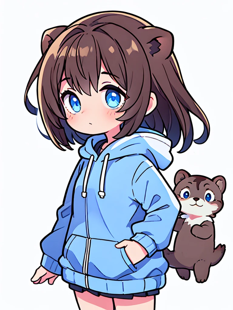 a sea otter with otter ears // with light blue eyes // a dark blue hoodie // brown hair with gray and white highlights ((half of the body)) (A person) ((White background)) (only 1 girl)