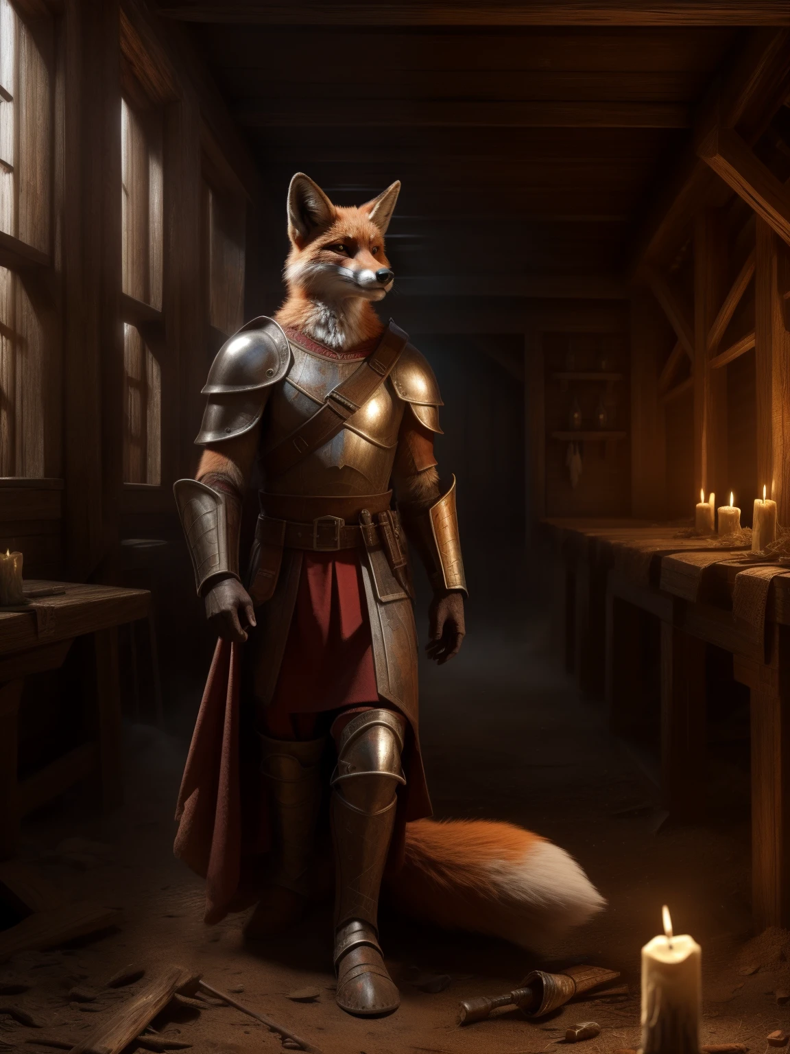 (An abandoned wooden tavern, with a lot of dust, and only a lit candle) Middle Ages, medieval imperial guard with metal armor, red fox head, Realistic fur, long fox tail