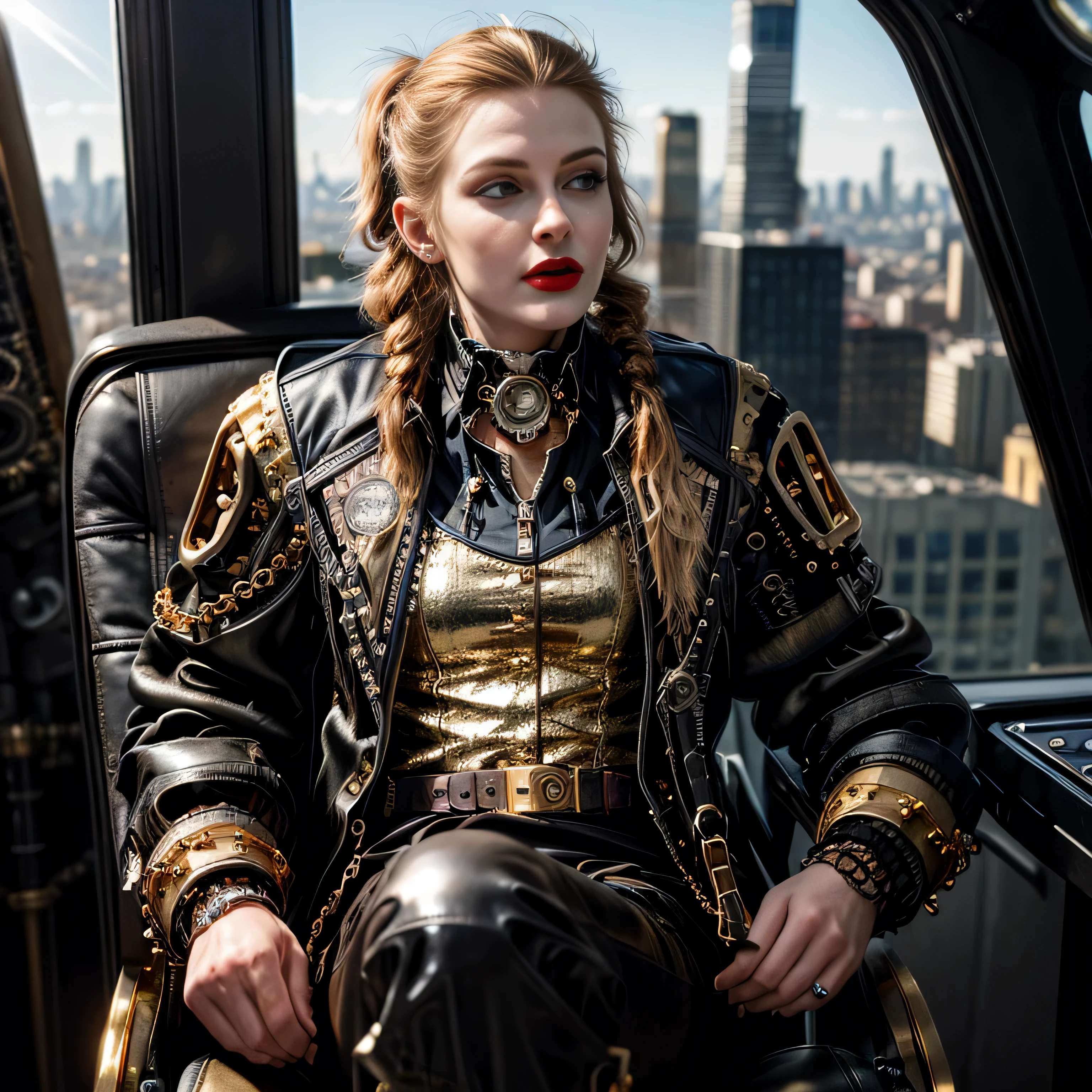 ((masterpiece, photorealistic:1.4, extremely intricate:1.3, photon mapping, radiosity, physically based rendering, ultra resolution, hyper-realistic, photorealistic:1.4, hyper-realistic, 8K)), ((((athletic female, long pigtails [blonde hair:bright ginger hair:0.4], (([flat chest:medium breasts:0.8], upper body)), ((makeup:1.6, perfectchainmail, gold black jacket), red lips, bright sunlight, silk shirt))))), outdoors, metal reflections, professional photograph, soft focus, dramatic, award winning, cinematic lighting, volumetrics dtx, (film grain, blurry background, blurry foreground, bokeh, depth of field), BREAK; BREAK, (((((background steampunk mecha machine cockpit, looking down on city skyline, sitting in a black leather chair, dials, switches)))))