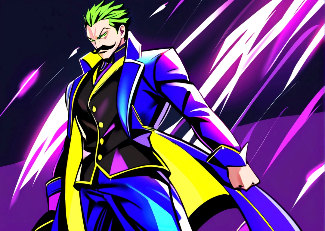 A male character with very short mustaches and military clothes. Image of just your face in electric blue colors, Green Lemon, lemon yellow and neon purple. Akira Toryama style