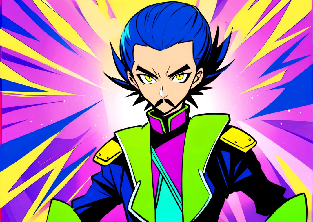 A male character with very short mustaches and military clothes. Image of just your face in electric blue colors, Green Lemon, lemon yellow and neon purple. Akira Toryama style