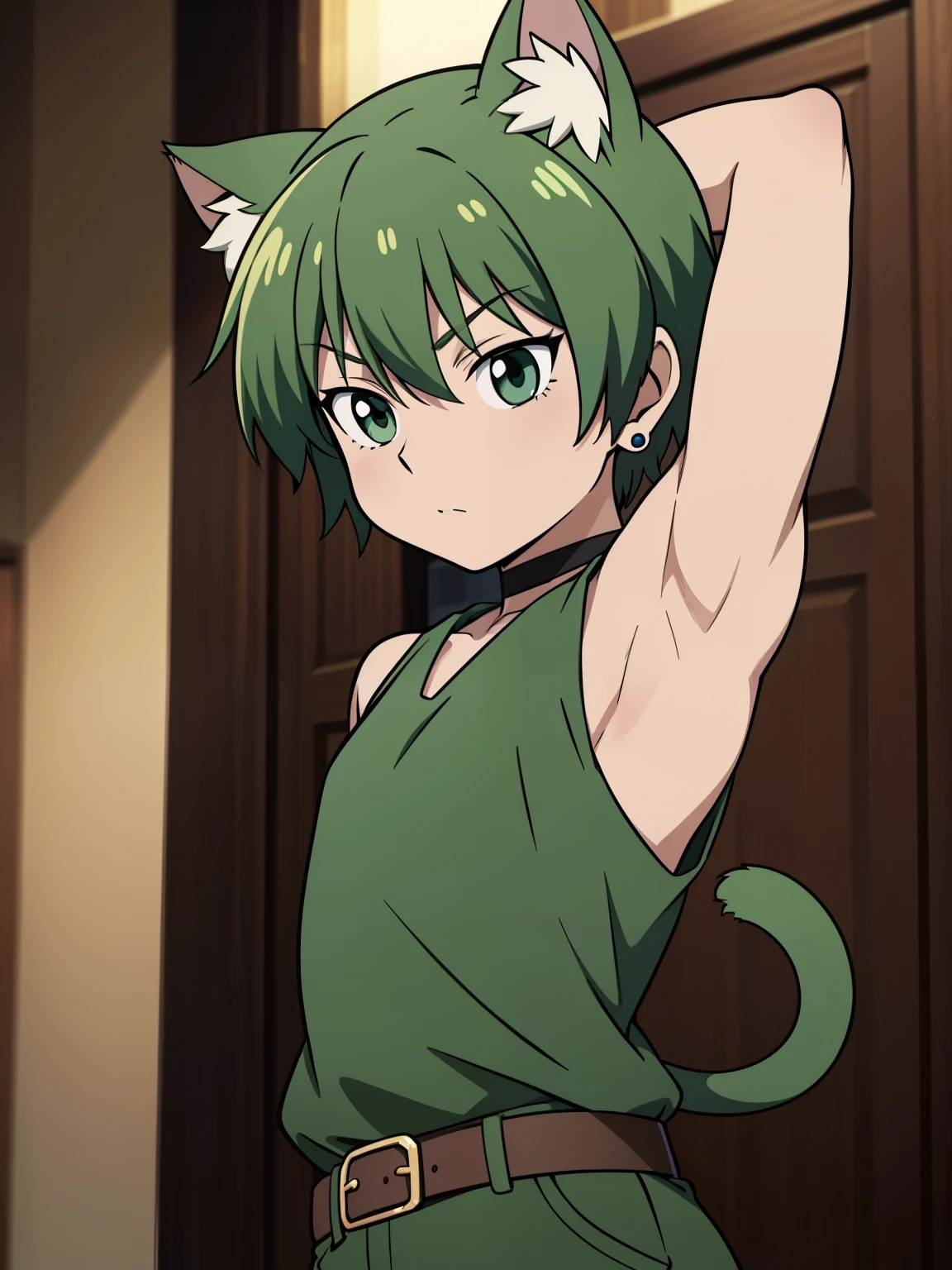Highres, Masterpiece, Best quality at best,Best Quality,hight quality, hight detailed, Anime style, (little boys), (Showing armpit:1.3), Green hair, fluffy hair, Sleeveless uniform, Tie, , Earring, Bare shoulder, elbow covered, Slim body, choker, Cat ear, cat tail, upper body, belt, Blurry beckground, (very thin body), (very young boy), (very small and short body), uhd