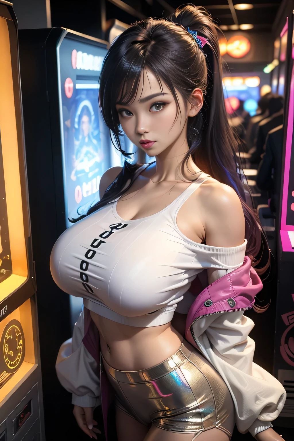 sfw, ((Masterpiece)), best quality, absurderes, ultra detailed, holographic, cowboy shot, golden ratio, super cute girl, mature girl, super beautiful asian girl with very beautiful violet glowing eyes, beautiful glowing white multicolored hair, high ponytail, nice and sexy body, slim body, perfect body, wearing super tight anime printed mini boxers, an anime printed super tight off shoulder long sleeve crop top, buautiful hair ornament, super aesthetic transparent jacket, playing in an arcade machine, wearing bra,((skinny waist)), young asian girl, ((big breasted)),