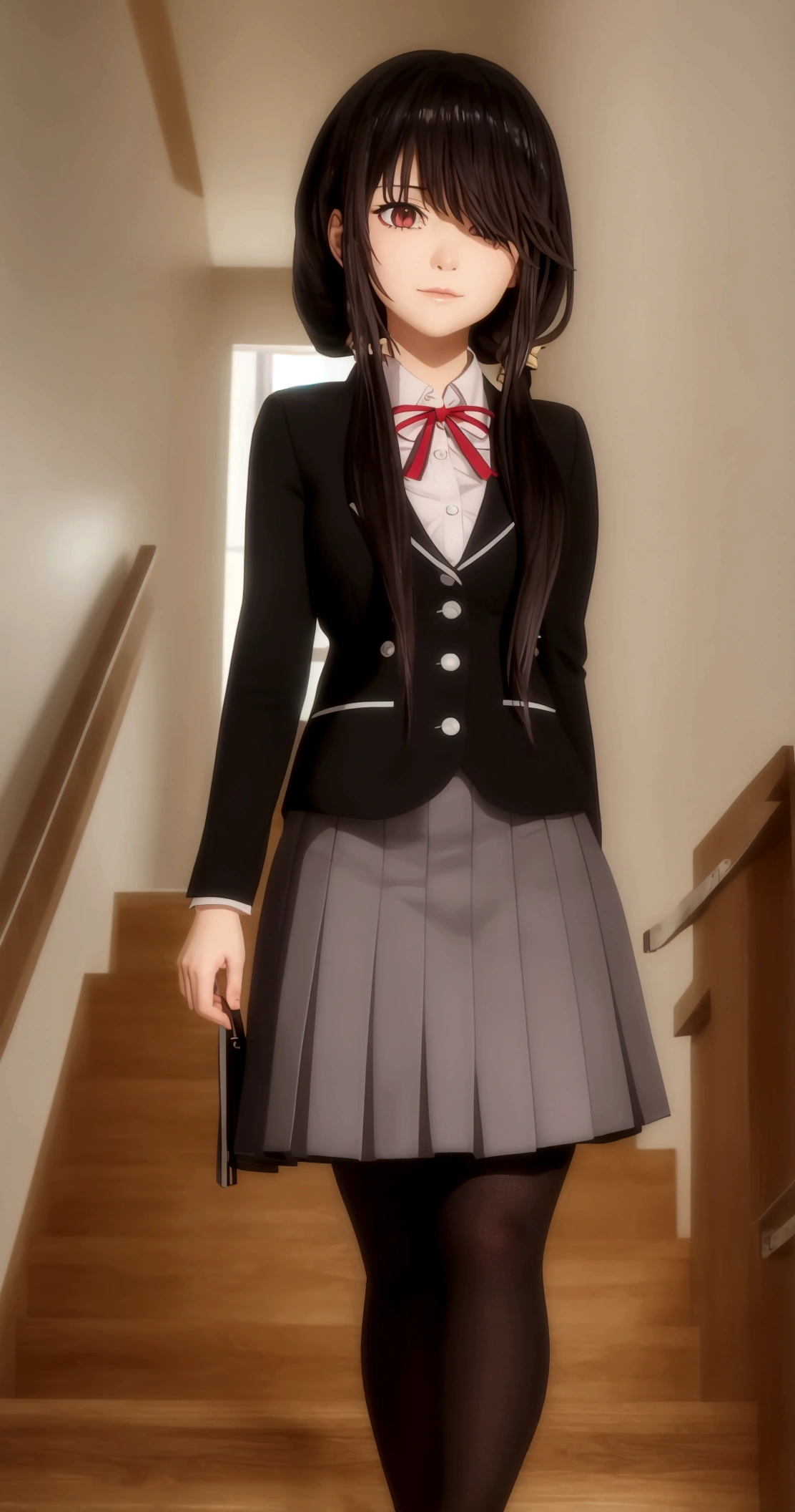 ultra-detailed,highly detailed,best quality,masterpiece,illustration,realistic, photo,photorealistic,
1girl, tokisaki kurumi,cosplay,hair over one eye, looking at viewer, happy girl,low twintails,
, blazer, collared shirt, neck ribbon, pleated skirt, pantyhose, hair rings, loafers,
indoors, walking, stairwell, 
