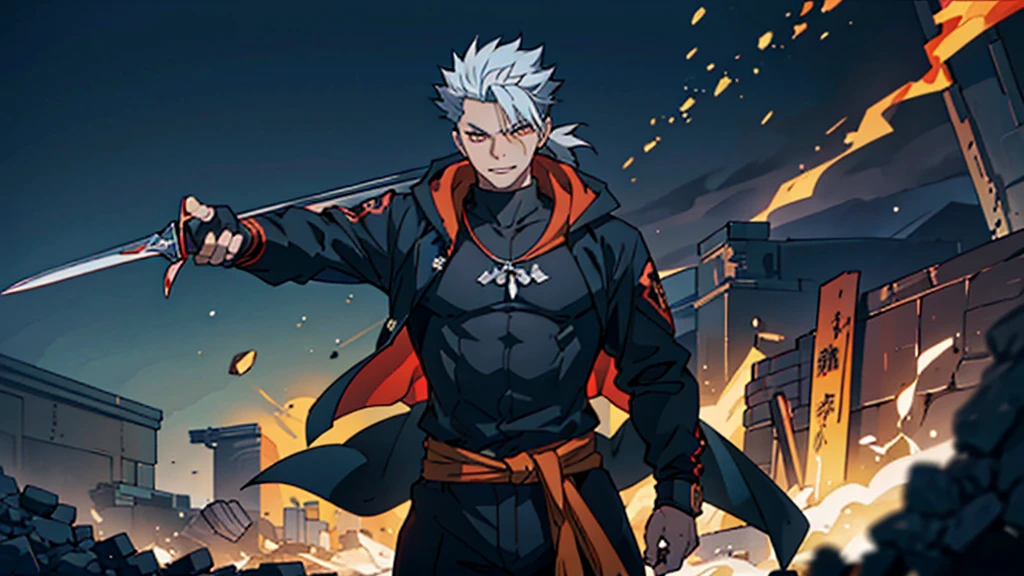 16K, High resolution, RTTX 10.0, Ray Tracing, Top quality masterpiece, Awards, Talked about at the art station, very beautiful, Perfect anatomy and highly detailed face, Glowing Eyes, Fine grain, Accurate drawing, Beautiful Hair, Detailed Background, Edgy, Immediately after a battle with one person, Man in his late 20s, Red hoodie and black pants, Warm, loose-fitting clothing, Rough youth fashion, A jacket is tied around the waist, Two falchions drawn from their sheaths, A mercenary with two scimitars on his hips, A dual-wielding user with his swords drawn, Yakuza with a scar on his face, Dark malicious smile, Squint your eyes very much and laugh, Tanned dark skin, White to silvery hair, Short Ponytail Hairstyles, thick black rimmed glasses, Cynical smile, Sarcastic mood, A gangster with a scar on his nose, Villain with serious injury, The scene of a large-scale indiscriminate terrorist attack, Burning and collapsing building, I have inner loneliness, Deep down, I feel like life is hard, Jealousy and envy towards successful people, The insight and resignation that come from hard work and failure, Perverse Desperation,