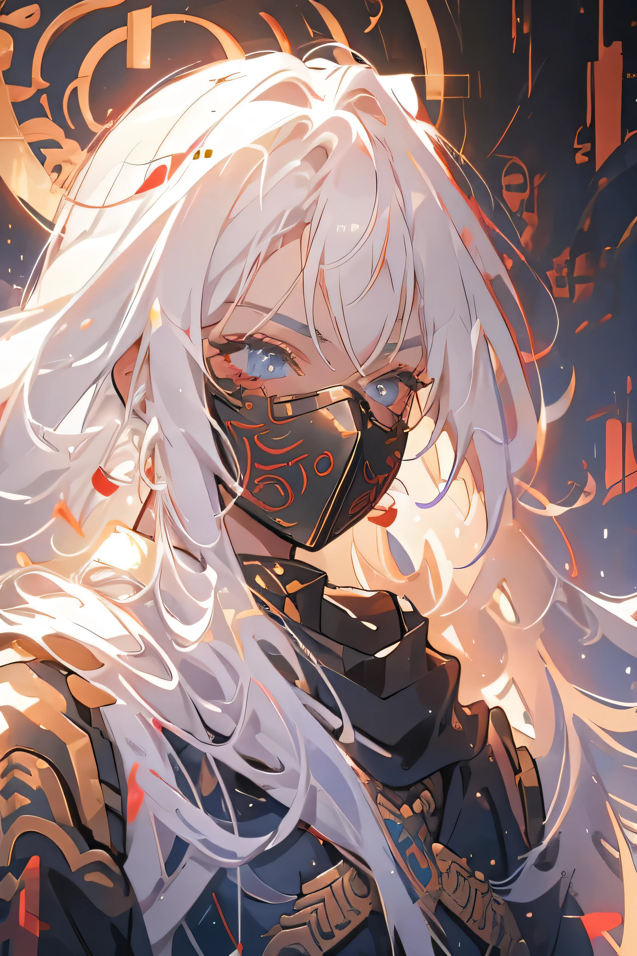 Warrior of the future, beautiful face with mask on her mouth, long white hair.