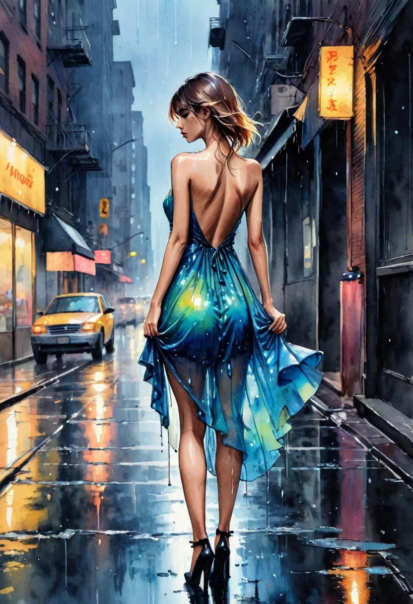 (rainy day:1.5), (Ink and watercolor painting:1.5), (tasteful:1.5), (Ink and watercolor painting:1.5), (full color:1.5), 8K, 4K, (Magik:1.5), (dripping paint;1.5), (Night New York Street:1.5), (1 girl:1.3), alone, (wearing a dress:1.5), (slender:1.5), (Model), (brazilian super Model:1.5), (Rear view:1.5), (Full body:1.5),