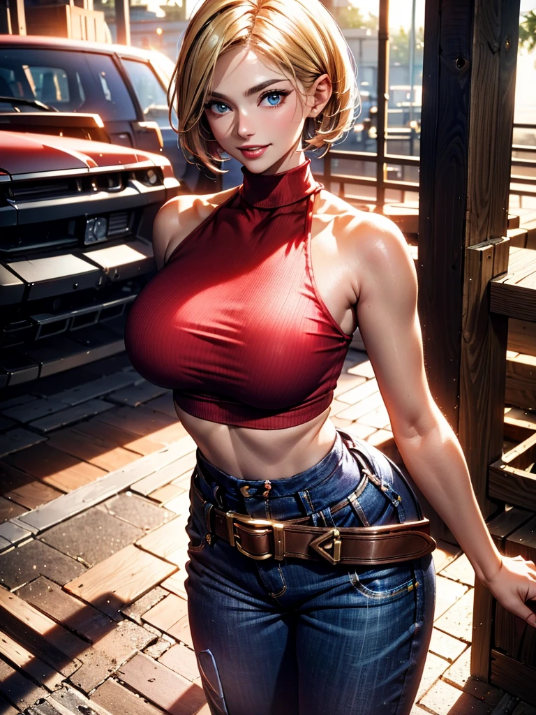30-year-old woman, alone, athletic, jacket, semi-short blonde hair, wears a tight red crop top, wears blue jogger pants, has a huge brown belt hanging almost falling from her waist, wears blue fingerless gloves , wears brown boots, smiles at viewer, points at viewer, there is a little brown dog with white spots with her, high resolution, absurd, intricate, sharp focus, sunset on the beach, 40 megapixels, 500 dpi, best quality, artwork masterful, high resolution, perfect image, highly detailed, high contrast, digital colors, simple, medium shot, cinematic, ultra sharp focus, award winning photography, perfect contrast, high sharpness, depth of field, ultra detailed photography, global illumination, fluid, ultra high definition, 8k, Unreal Engine 5, ultra sharp focus, award winning photography, art season trends,
