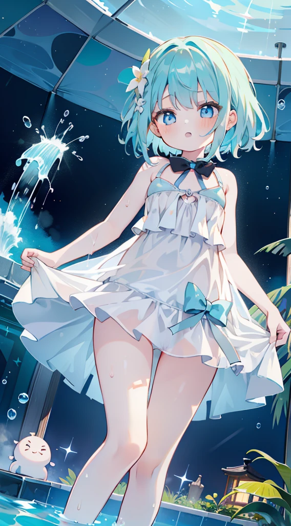 One girl、natta、swimming bikini、Night Pool、summer  dress 80% transparente、skirt lift, upskirt, splash water、cute little、Blue-haired、light blue  eyes、​masterpiece、top-quality、Top image quality