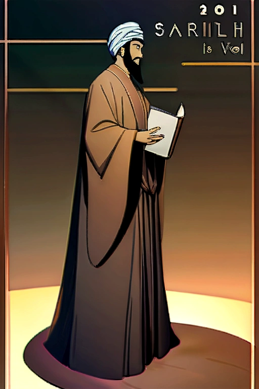 man in a turban holding a book, color page, blossoming path to heaven, inspired by sylvain sarrailh, wearing brown robes, name of the character is chad, mo salah, single panel, promotional portrait, dressed in long fluent skirt, 2019, standup, high - resolution scan, cult of the lamb