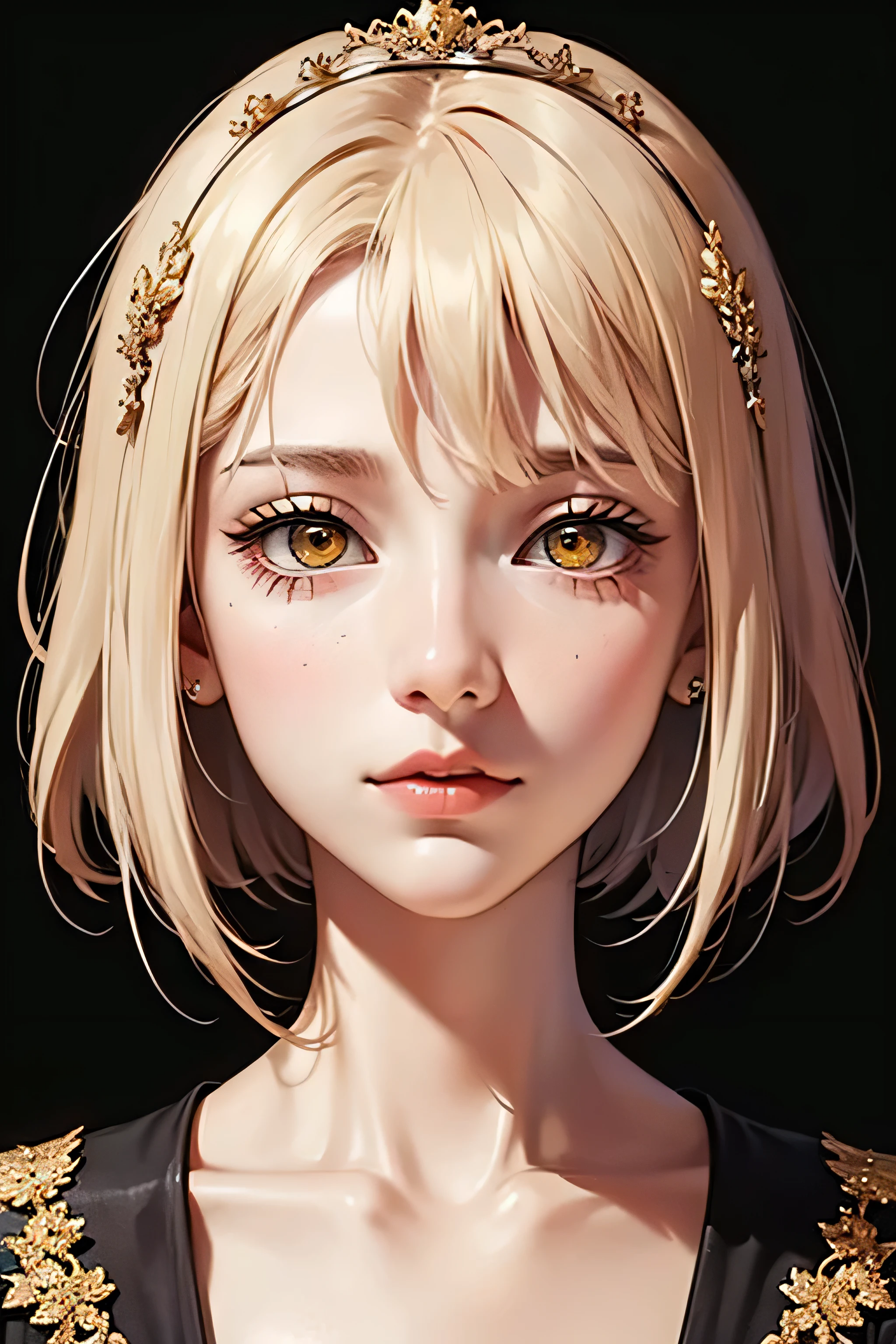 ((best qualityer)), ((work of art)), (detailded), a 20 year old woman close up, yellow eyes, short straight white hair, Exquisite face, delicate and golden headpiece