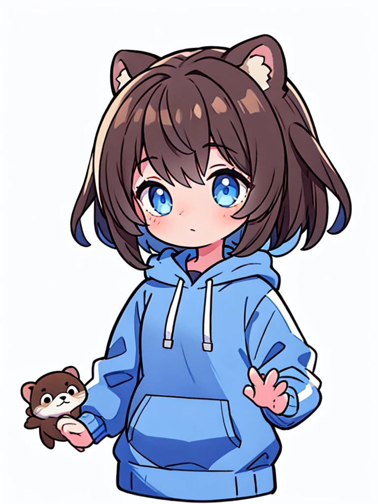 a sea otter with otter ears // with light blue eyes // a dark blue hoodie // brown hair with gray and white highlights ((half of the body)) (A person) ((White background)) (only 1 girl)