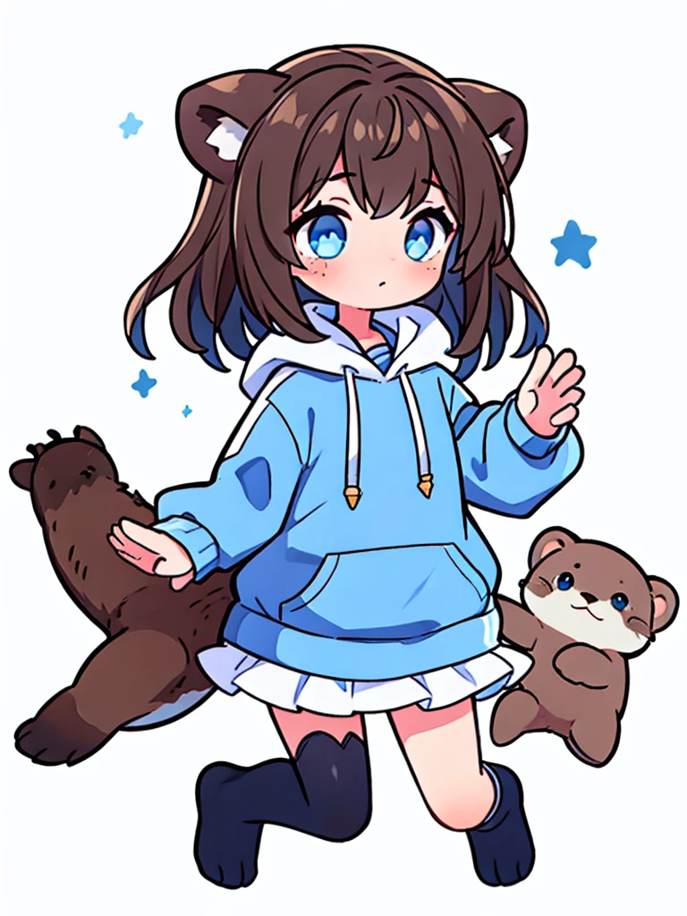 a sea otter with otter ears // with light blue eyes // a dark blue hoodie // brown hair with gray and white highlights ((half of the body)) (A person) ((White background)) (only 1 girl)
