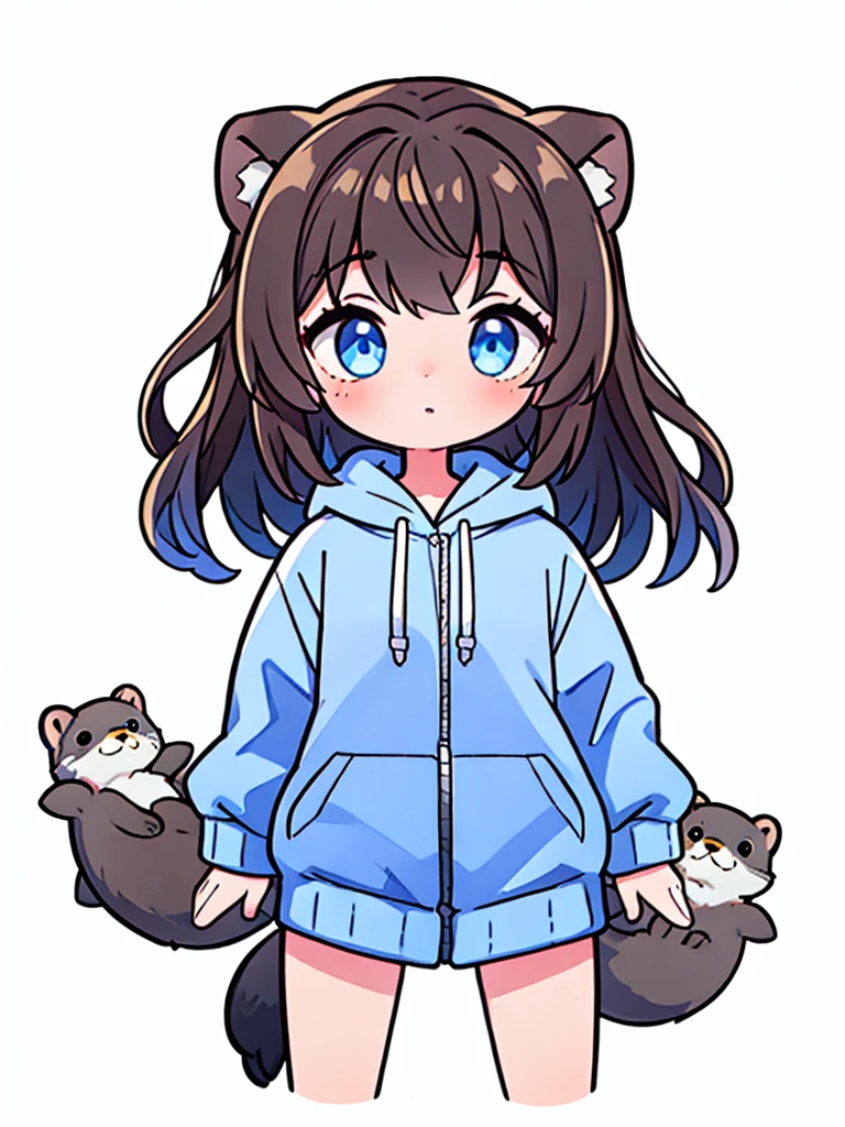 a sea otter with otter ears // with light blue eyes // a dark blue hoodie // brown hair with gray and white highlights ((half of the body)) (A person) ((White background)) (only 1 girl)