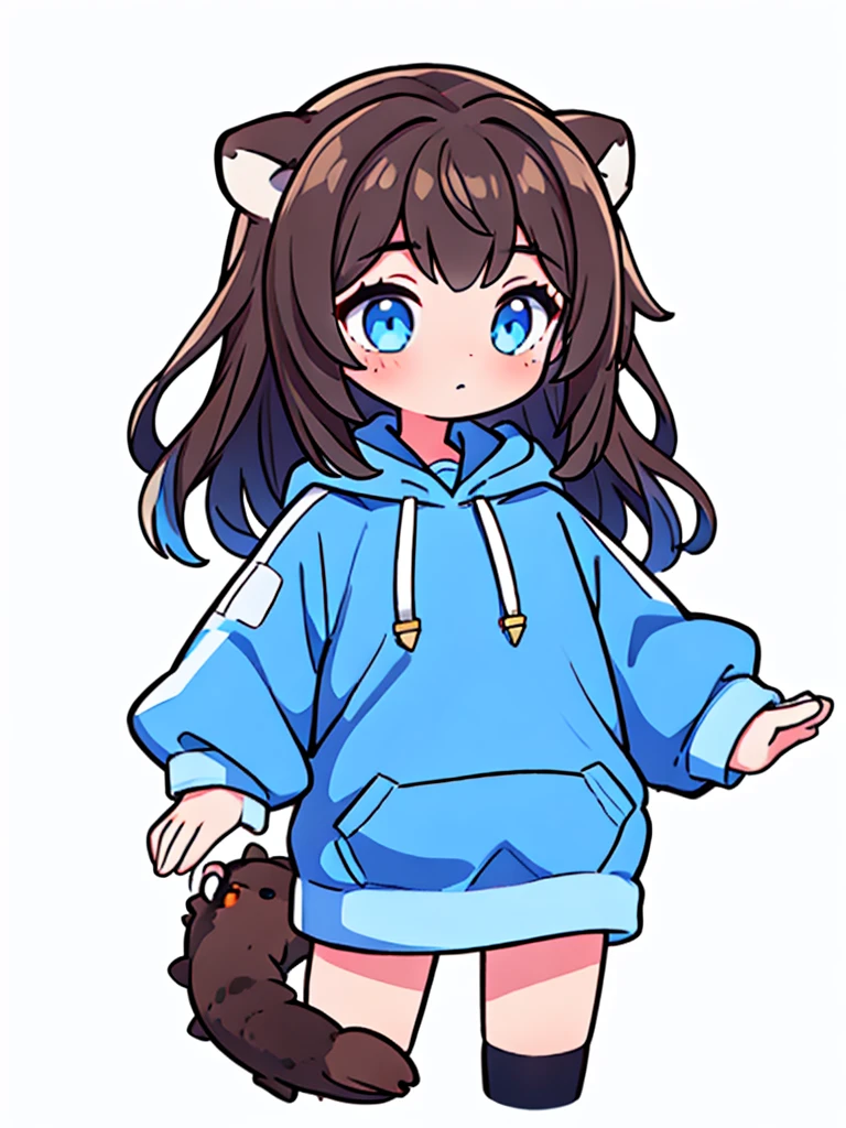 a sea otter with otter ears // with light blue eyes // a dark blue hoodie // brown hair with gray and white highlights ((half of the body)) (A person) ((White background)) (only 1 girl)