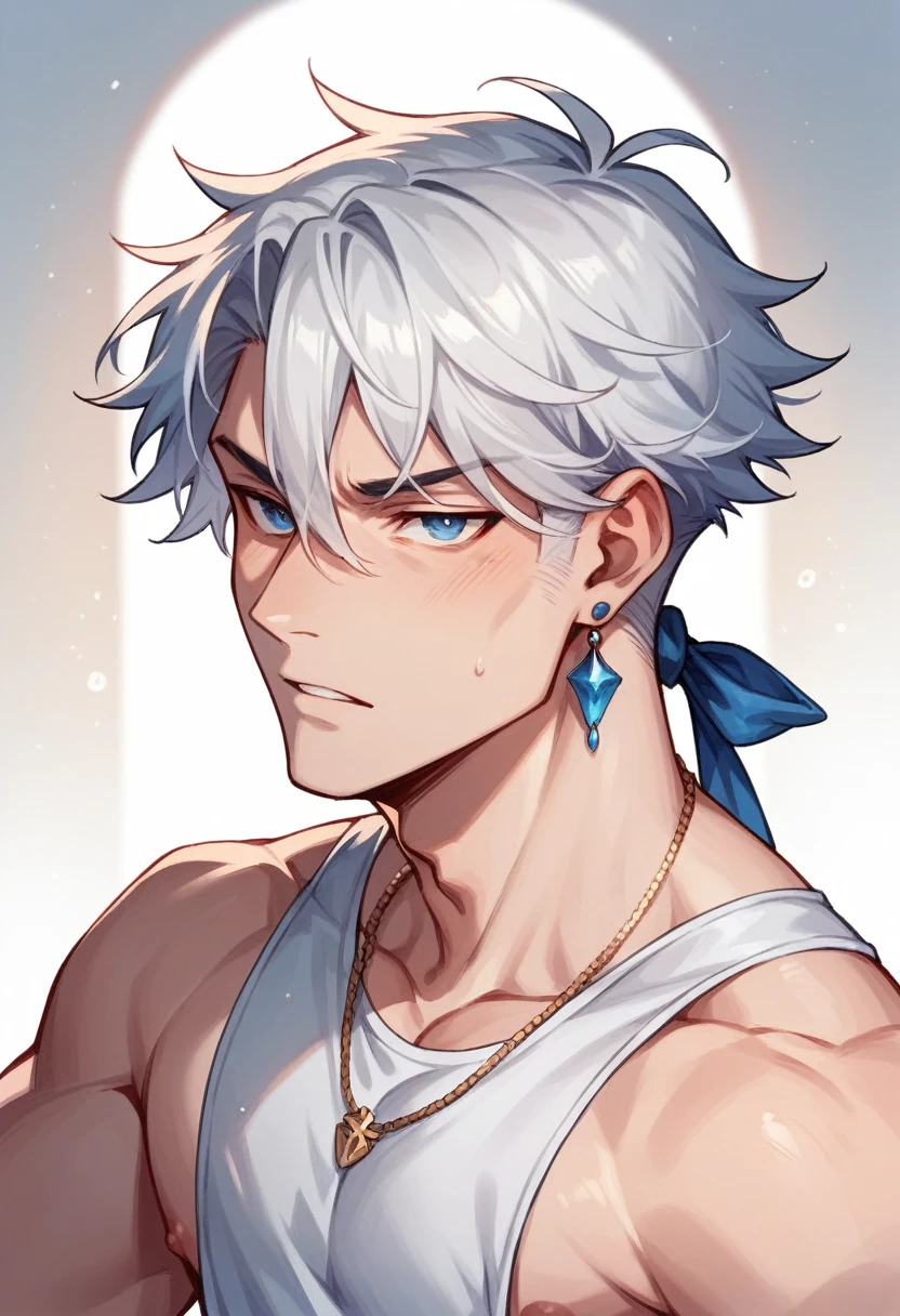 1 man with long white hair and blue eyes, with half of the hair tied, and a blue earring in her ear.