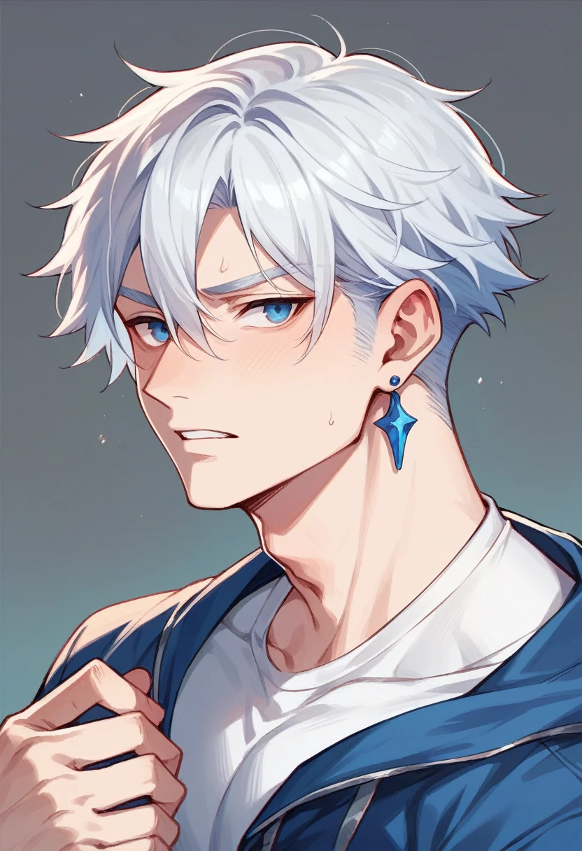 1 man with long white hair and blue eyes, with half of the hair tied, and a blue earring in her ear.