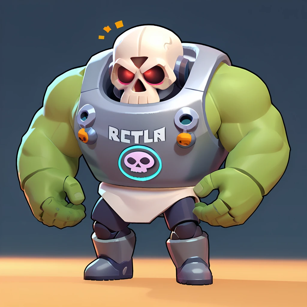 full body view of robot mixed with incubator, human skull living in incubator, having muscular green arms, nuclear logo, brawl, brawl stars