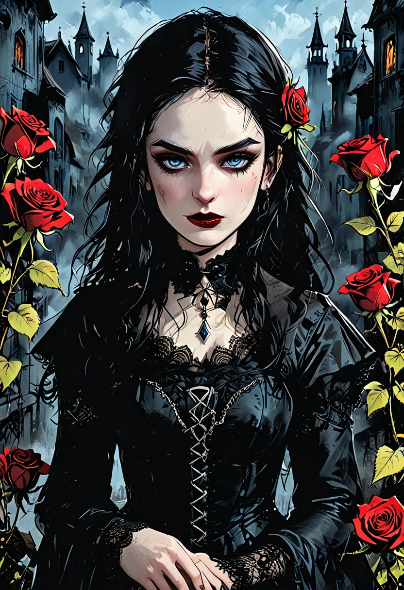 A young goth female bard. pale blue eyes. She has pale skin and wears Victorian-style black clothing with intricate lace details. Her makeup is dark, with black eyeliner and eyeshadow, and her lips are a striking blood-red. is adorned with red roses. She has a thoughtful and melancholic expression on her beautiful face. The setting is dark and moody. Full body pose.  Graphic style of Roman comics, 2d, 8K, hyper realism, ​masterpiece, high resolution, best quality, Ultra-detail, super realistic, Hyperrealistic art, good quality, ultrahigh resolution, highest level of detail, lot of details, extremely high resolution details, incredibly lifelike, soft cinematic light, best quality:1.0,hyper-realistic:1.0,photorealestic:1.0,Wahnsinnig detailliertes CG Unity 8K-Hintergrundbild:1.0,​masterpiece:1.3,Madly detailed photo:1.2, hyper-realistice, lifelike texture:1.4, Picture book:1.0,8K, headquarters,best quality:1.0, 