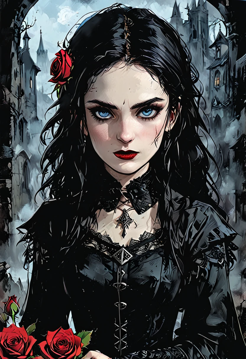A young goth female bard. pale blue eyes. She has pale skin and wears Victorian-style black clothing with intricate lace details. Her makeup is dark, with black eyeliner and eyeshadow, and her lips are a striking blood-red. is adorned with red roses. She has a thoughtful and melancholic expression on her beautiful face. The setting is dark and moody. Full body pose. Graphic style of Roman comics, 2d, 8K, hyper realism, masterpiece, high resolution, best quality, Ultra-detail, super realistic, Hyperrealistic art, good quality, ultrahigh resolution, highest level of detail, lot of details, extremely high resolution details, incredibly lifelike, soft cinematic light, best quality:1.0,hyper-realistic:1.0,photorealestic:1.0,Wahnsinnig detailliertes CG Unity 8K-Hintergrundbild:1.0,masterpiece:1.3,Madly detailed photo:1.2, hyper-realistice, lifelike texture:1.4, Picture book:1.0,8K, headquarters,best quality:1.0,