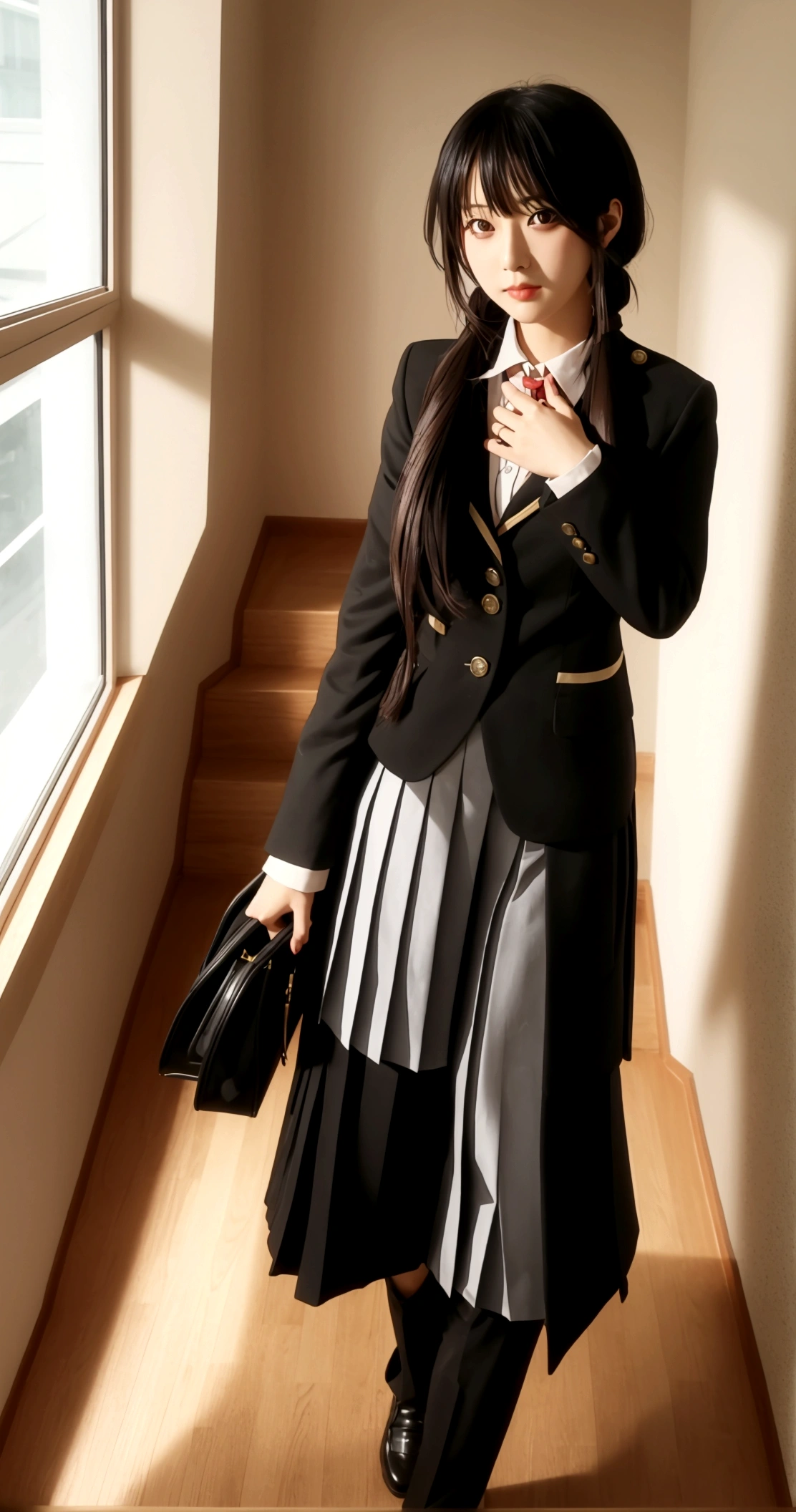 ultra-detailed,highly detailed,best quality,masterpiece,illustration,realistic, photo,photorealistic,
1girl, tokisaki kurumi,cosplay,hair over one eye, looking at viewer, happy girl,low twintails,
, blazer, collared shirt, neck ribbon, pleated skirt, pantyhose, hair rings, loafers,
indoors, walking, stairwell,