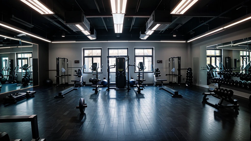 An image of a giant weight training gym with LED lighting and well equipped with modern equipment