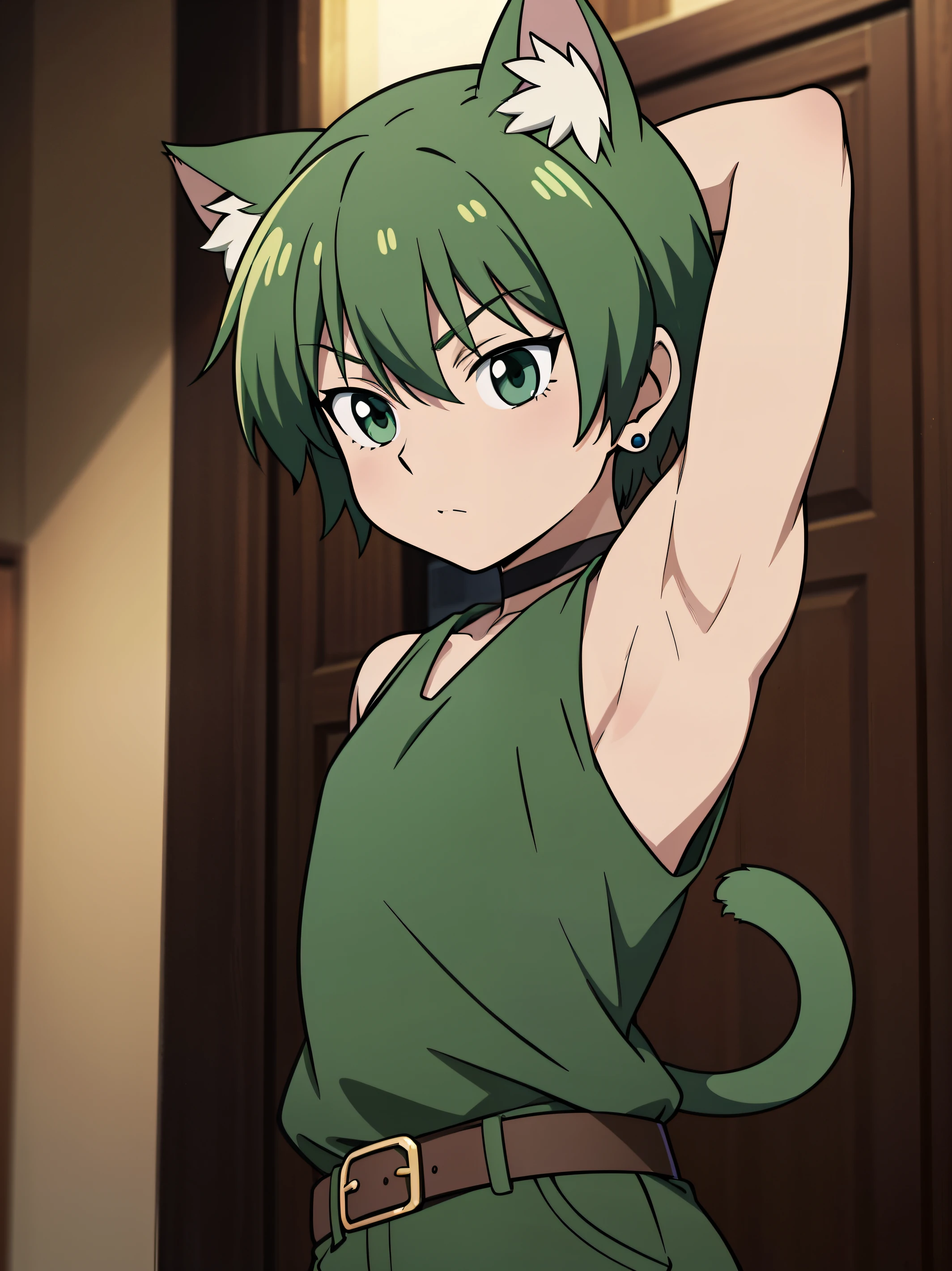 Highres, Masterpiece, Best quality at best,Best Quality,hight quality, hight detailed, Anime style, (**********s), (Showing armpit:1.3), Green hair, fluffy hair, Sleeveless uniform, Tie, , Earring, Bare shoulder, elbow covered, Slim body, choker, Cat ear, cat tail, upper body, belt, Blurry beckground, (very thin body), (very young boy), (very small and short body), uhd