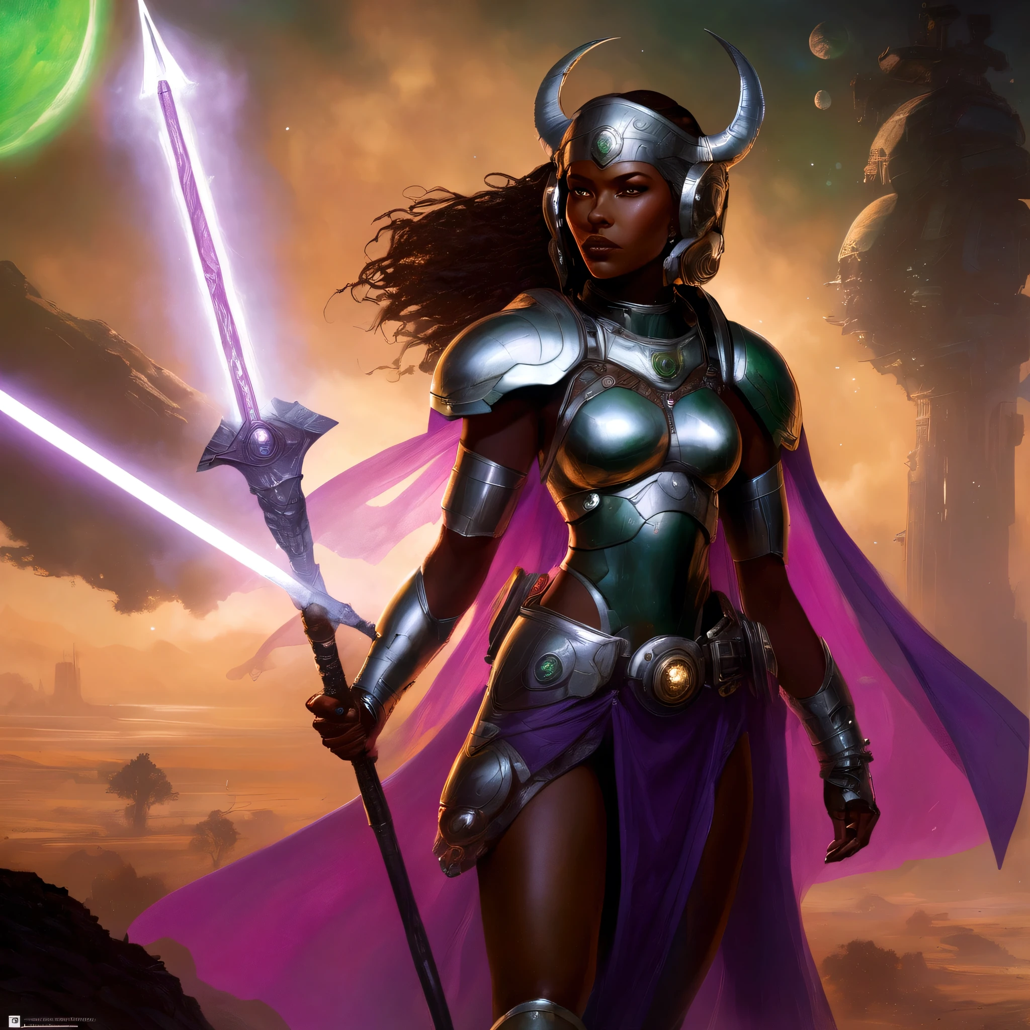 warhammer 40k, cyborg, Sci-fi, black fantasy, kosmos, black girl (dark brown face), Wearing WH40K open purple dress and cape, Wearing chest armor with huge , holding a Roman staff with an eagle on top, detailed green eyes, bblurry, shooting angle, (tight gap:0.5), short and loose hair, Corte de cabelo viking, vibrant green eyes, Charismatic leader, total body length, comic style, por artgerm, Guy Denning, Jakub Rozalski, Magali Villeneuve e Charlie Bowater, cyborg piece on head, cyborg goddess in kosmos with planets and starship background, battlefield fog