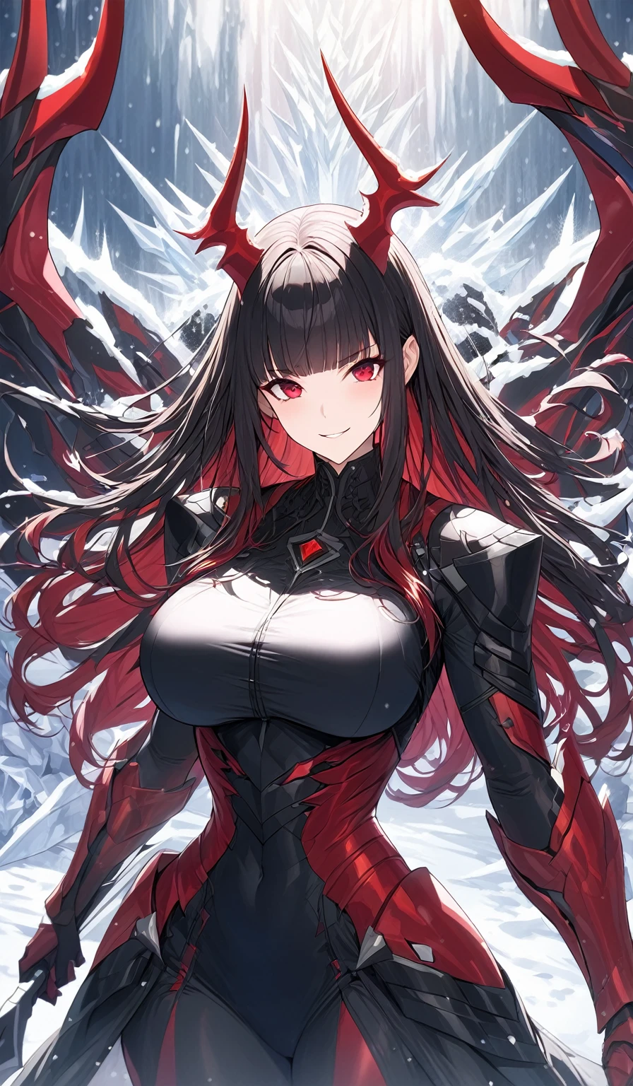 Masterpiece, very detailed, ultra detailed, one, (1 woman), athletic body, six press packages, she is in futuristic red armour with bright black details, with a large and detailed spear, in a stable and fighting position, super mature, tall, milf, mature mother, long hair, straight hair and straight bangs, bright blood red hair and straight bangs, red demonic horns, beautiful, charming, blood red eyes, elegant, big breasts, wise smile, charming, against the background of snow, ice and winter.